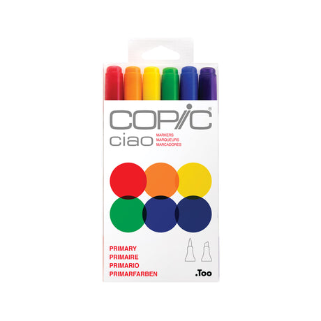 Copic Ciao Marker Set Primary Pack of 6 retail packaging, front view. A white rectangular box with hang tab displays six bold colour circles in red, orange, yellow, green, dark blue, and navy. The Copic Ciao logo appears in grey, with "Primary" printed in red below the swatches.