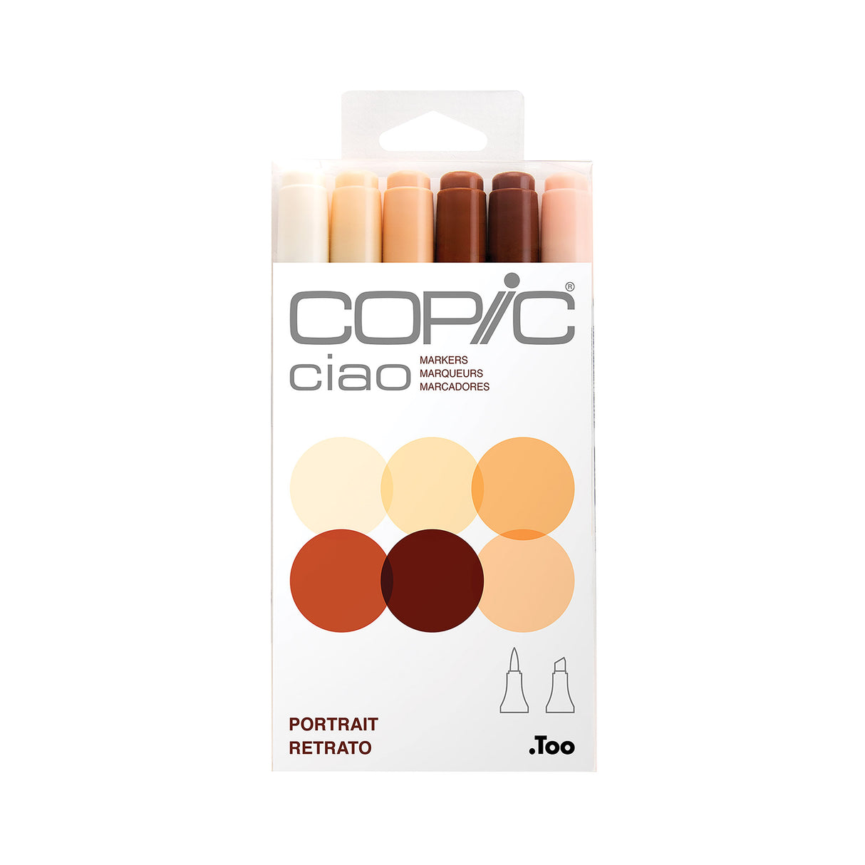 Copic Ciao Marker Set Skin Pack of 6 retail packaging, front view. A white rectangular box with hang tab displays six colour circles spanning pale cream, peach, warm orange, terracotta, deep brown, and soft salmon. The Copic Ciao logo appears in grey, with "Portrait" printed in dark red below the swatches.