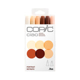 Copic Ciao Marker Set Skin Pack of 6 retail packaging, front view. A white rectangular box with hang tab displays six colour circles spanning pale cream, peach, warm orange, terracotta, deep brown, and soft salmon. The Copic Ciao logo appears in grey, with "Portrait" printed in dark red below the swatches.