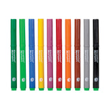 Ten Micador Colourfun Markers stand vertically against a pale grey background. The medium-tip markers feature brightly coloured barrels in green, blue, yellow, pink, red, orange, brown, grey and black, with matching caps, white branding text, and smooth glossy plastic surfaces.