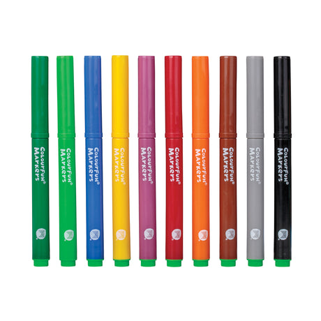 Ten Micador Colourfun Markers stand vertically against a pale grey background. The medium-tip markers feature brightly coloured barrels in green, blue, yellow, pink, red, orange, brown, grey and black, with matching caps, white branding text, and smooth glossy plastic surfaces.