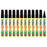 Eleven capped Artline 70 permanent markers in black lined up beside one uncapped marker showing its black bullet tip. Yellow barrels feature Artline 70 branding in blue and red text, with green, red and navy wave detailing near the base of each pen.