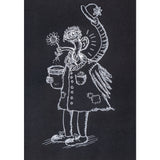 White line drawing on black paper depicting a cheerful scarecrow character wearing a wide-brimmed hat decorated with a flower, holding a sunflower in one hand and a potted plant in the other. The illustration demonstrates the fine, precise line work achievable with white markers on dark surfaces, showcasing detailed cross-hatching and decorative patterns throughout the whimsical figure.
