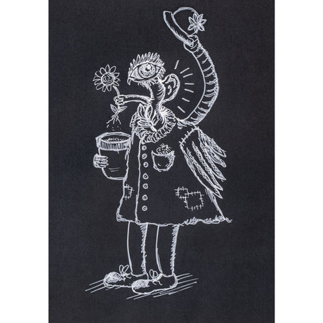 White line illustration drawn on black paper, showing a whimsical character holding a flower and a pot. Fine white lines create detailed textures and outlines with strong contrast against the dark background.