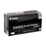 Black rectangular box packaging for EverZart Broad Marker containing 20 black markers. The box displays product branding, descriptive text reading Permanent · Reliable · Durable, a bullet tip diagram labelled 1.5 to 2.5mm Bullet, and a simplified marker illustration showing the broad 2.5mm tip design.