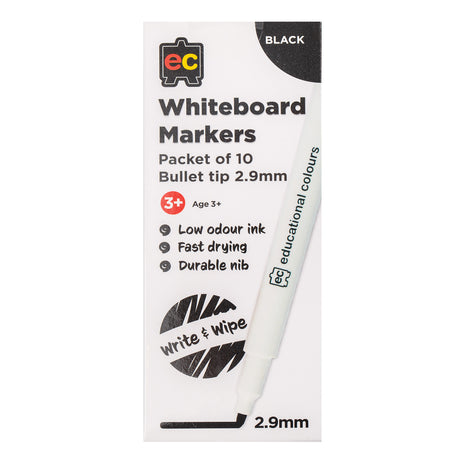 EC Whiteboard Markers packaging in black and white, labelled "Packet of 10" and "Bullet tip 2.9mm" for age 3+. The box lists "Low odour ink", "Fast drying" and "Durable nib", with a "Write & Wipe" graphic and a single white marker shown alongside.