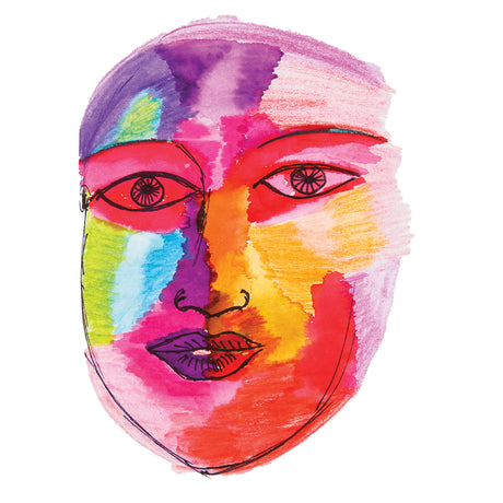 A vibrant portrait face rendered in Artline Liquid Crayons, with broad washes of pink, purple, blue, orange, and yellow across the facial planes. Bold black ink outlines define the features. Demonstrates the product's capacity for expressive, painterly colour blending on paper.