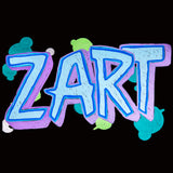 Graffiti-style artwork spelling “ZART” in layered pastel blues, pinks and purples, created with Street Paint Markers against a black background with coloured paint splashes behind the lettering.