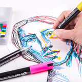 Hand using a yellow Zart Street Paint Marker to add bright strokes to a colourful line-drawn portrait. Other markers and the storage case sit nearby on the workspace.