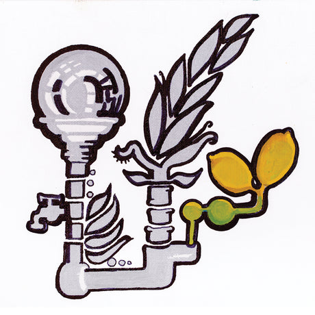 A stylised illustration using Zart Street Markers featuring bold black outlines with areas of soft grey shading and bright yellow accents. Organic shapes, including leaves and rounded forms, connect to pipe-like structures, creating a balanced composition with smooth, matte colour transitions.