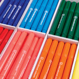 Close-up of assorted jumbo markers arranged neatly in white cardboard trays by colour, including blues, greens, reds, oranges and purples. Barrels are printed with “ec educational colours” in white text, highlighting the bold colours and thick, easy-grip design.