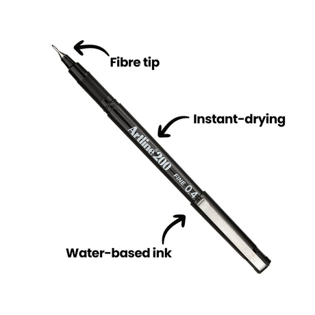 A single Artline 200 black fineliner pen shown diagonally on a white background, uncapped to reveal the fine fibre tip. Black arrows label features reading “Fibre tip”, “Instant-drying”, and “Water-based ink”.