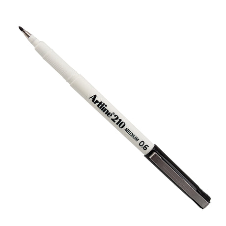 A single Artline 210 black fineliner pen shown diagonally on a white background, uncapped to reveal the 0.6mm fibre tip. The white barrel and black cap with pocket clip are clearly visible.