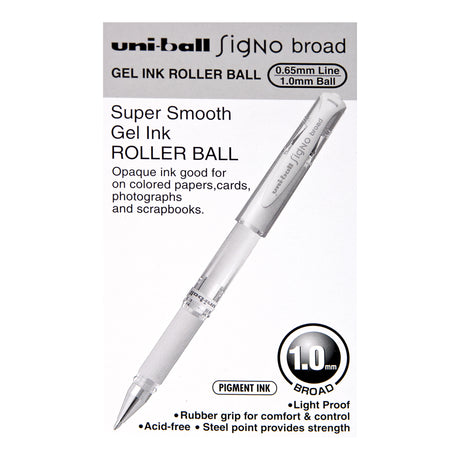Retail packaging for Uni-ball Signo Broad gel ink roller ball pen. Text highlights super smooth gel ink, opaque pigment ink, 0.65 mm line, 1.0 mm ball, light proof, acid-free and rubber grip features.