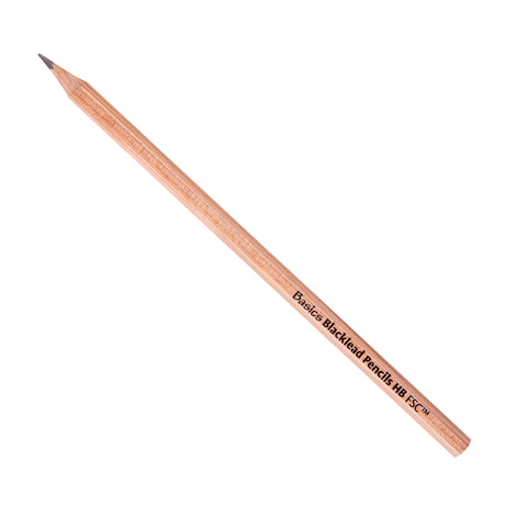 A single Basics by Zart HB pencil positioned diagonally against a white background. The pale, natural-finish timber barrel is hexagonal and sharpened to a fine grey graphite point. Black printed lettering runs along one facet toward the unpainted end. The raw wood grain is clearly visible.