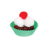 A sample artwork cupcake made using pom poms. Two large white pom poms form the cream topping, with a smaller red pom pom on top as a cherry. Brown pipe cleaners fill the base of a green fluted paper cupcake case.