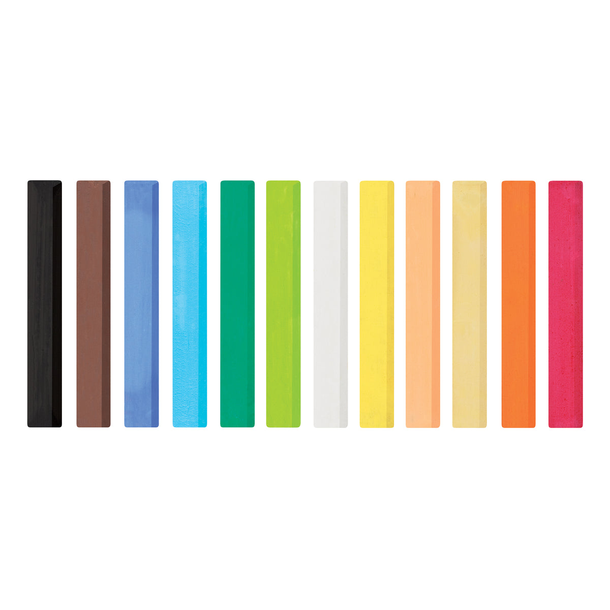 Twelve rectangular Zart Soft Pastels laid in a row against a white background, shown end-on. The colours from left to right are black, brown, blue, light blue, green, lime green, white, yellow, peach, cream, orange and pink, each with a smooth matte surface.