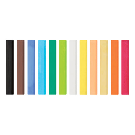 Twelve rectangular Zart Soft Pastels laid in a row against a white background, shown end-on. The colours from left to right are black, brown, blue, light blue, green, lime green, white, yellow, peach, cream, orange and pink, each with a smooth matte surface.