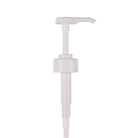 Zart School Colours Paint Pump shown in full against a white background. The white curved lever spout sits above a ribbed screw collar, with a long clear plastic dip tube extending down, tapering slightly before ending in an open tip.