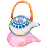 Watercolour-style painting of a teapot with a curved handle and rounded lid, rendered using Art Spectrum Gouache. Layered brushstrokes in blue, green, purple and orange create soft tonal transitions, with visible edges and semi-opaque colour over a pink wash background.