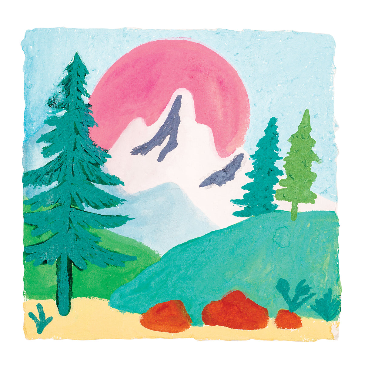 Colourful Reeves Gouache landscape artwork featuring textured green hills, teal pine trees, white mountains and a large pink sun against a pale blue sky. Matte paint surfaces and layered opaque brushwork create soft blended colour transitions and visible painterly textures on rough-edged paper.