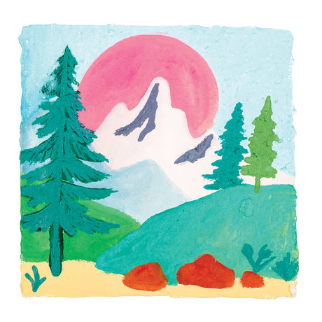 Colourful Reeves Gouache landscape artwork featuring textured green hills, teal pine trees, white mountains and a large pink sun against a pale blue sky. Matte paint surfaces and layered opaque brushwork create soft blended colour transitions and visible painterly textures on rough-edged paper.