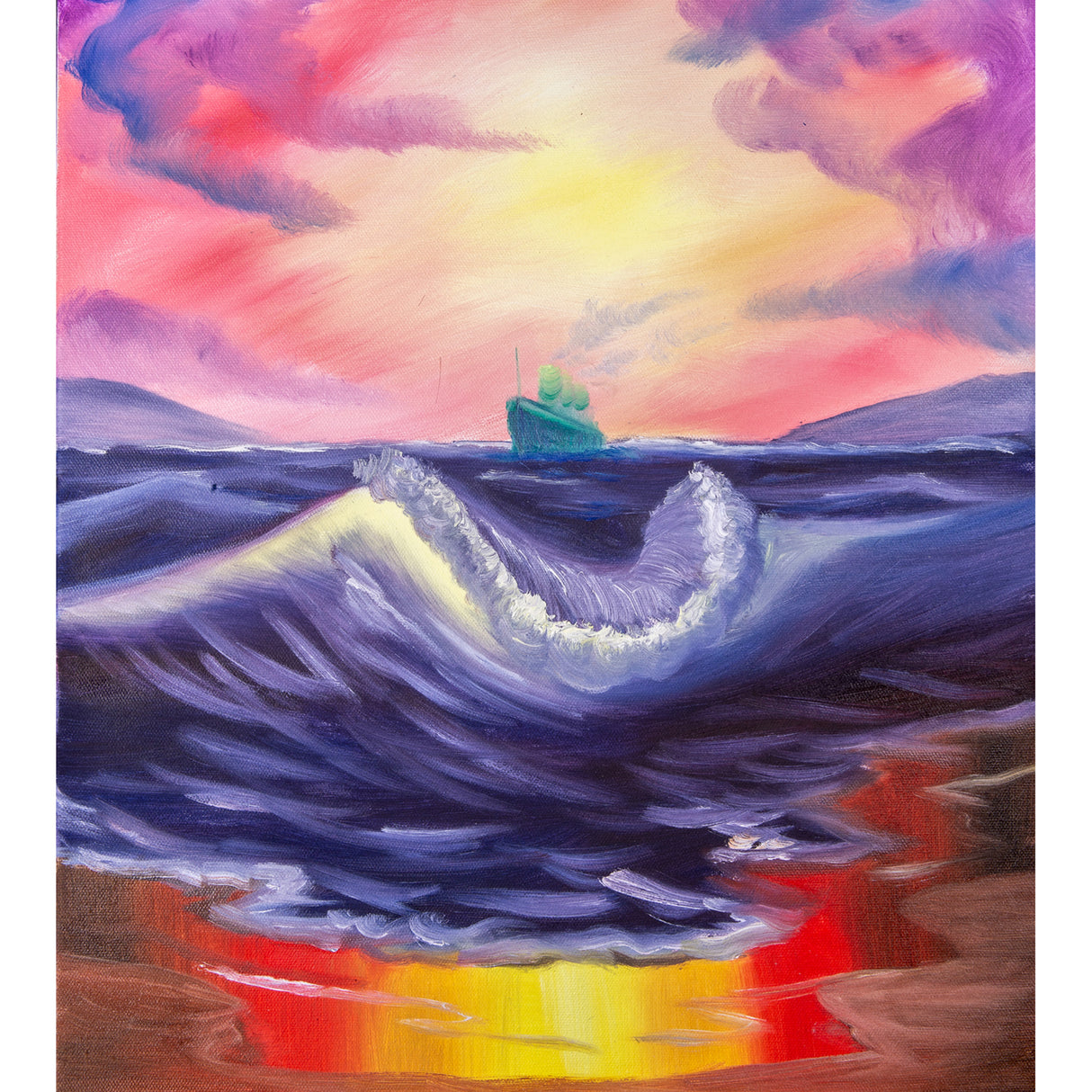 Oil painting of a seascape with a large rolling wave in the foreground and a small green ship on the horizon. Thick brushstrokes depict movement in the dark blue water, while the sky blends pink, purple, and yellow sunset tones across the canvas.