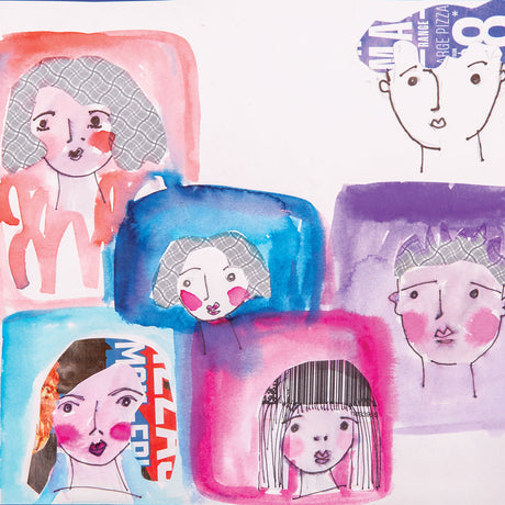 Illustrations of stylized faces with colorful backgrounds