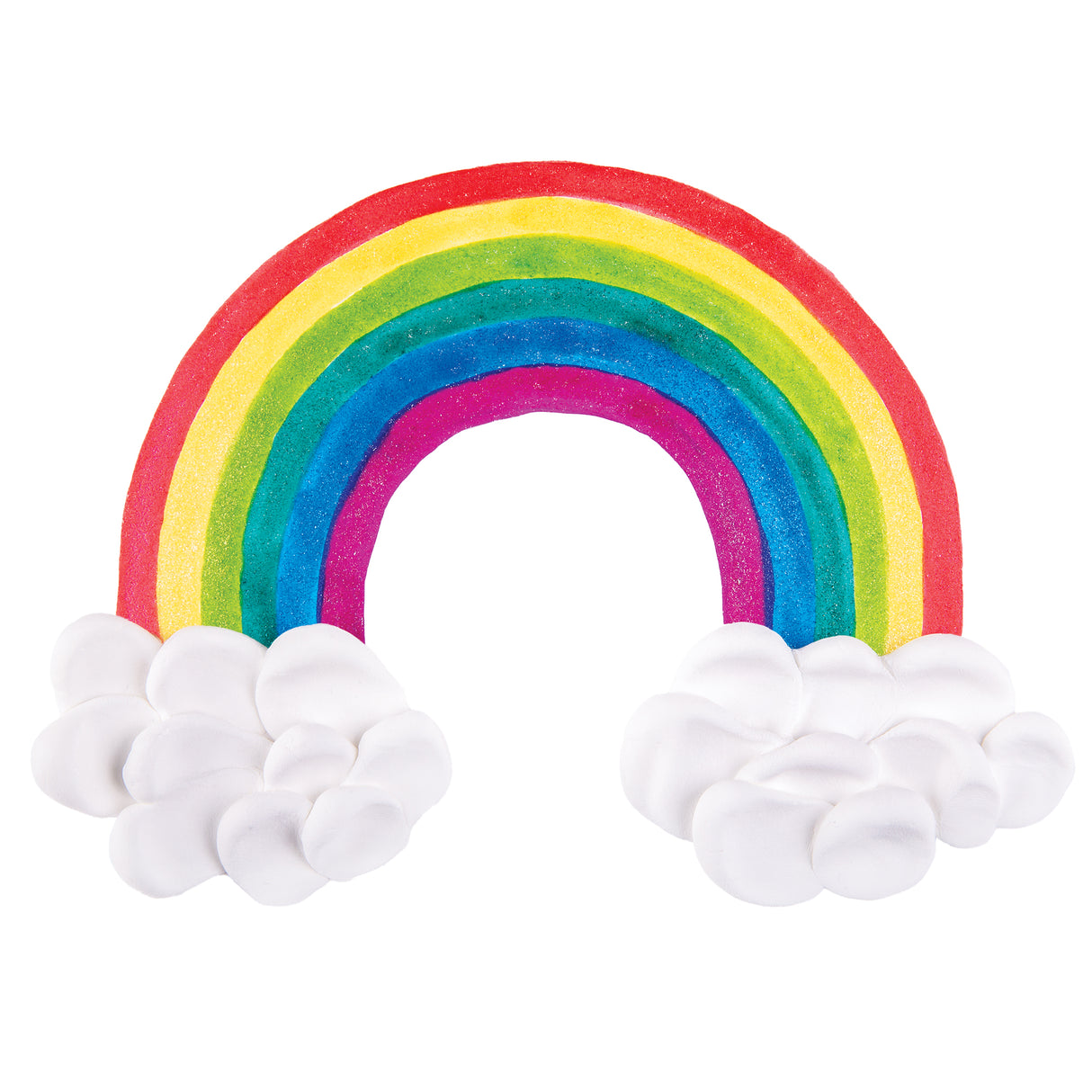 Artwork sample created with Creamy Colours Watercolours by Zart Glitter, featuring a rainbow with six glittering colour bands in pink, blue, teal, green, yellow and red. Soft white cloud forms sit at each end, contrasting with the sparkling painted surface and smooth light background.