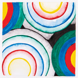 Artwork sample created with Creamy Colours Watercolours by Zart Essentials, featuring overlapping rainbow-like arcs in white, yellow, red, blue, green and black. Soft watercolour gradients and feathered edges create layered circular forms across a light background with strong colour contrast.