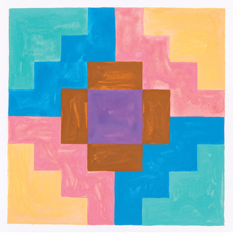 Artwork sample created with Creamy Colours Watercolours by Zart Macaron, featuring an abstract arrangement of stepped geometric shapes in pastel peach, pink, mint green and blue. A central square design combines caramel brown and grape purple tones, with soft blended watercolour textures throughout.