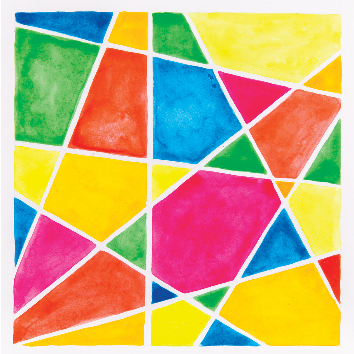 Artwork sample created with Creamy Colours Watercolours by Zart Fluorescent, featuring an abstract geometric composition of irregular shapes separated by white lines. Bright fluorescent yellow, pink, orange, green and blue sections display soft blended textures and translucent watercolour effects across a white background.