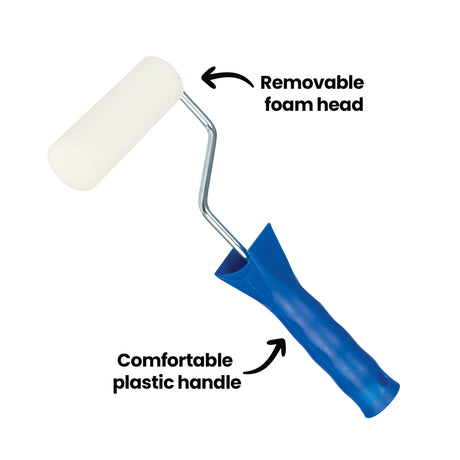 Angled view of foam paint roller showing removable white foam head and ergonomic blue plastic handle. The foam has a fine, dense texture, while the handle appears smooth and slightly contoured. Annotation text reads “Removable foam head” and “Comfortable plastic handle” with arrows pointing to each feature.