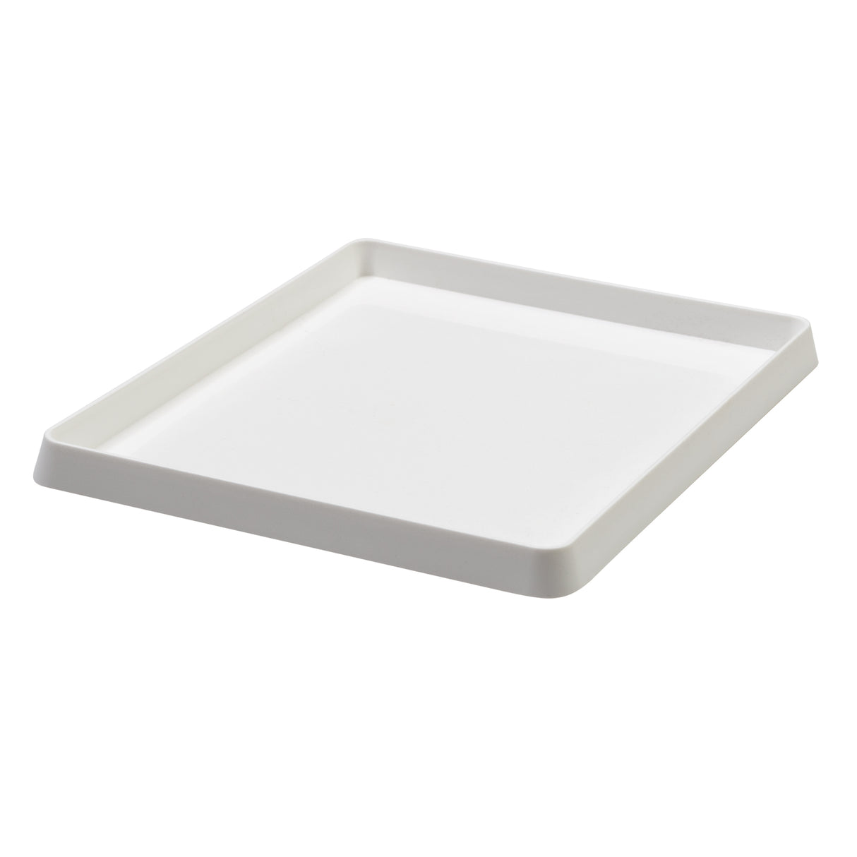 White plastic ink tray displayed at an angled perspective, showing its shallow depth and gently sloped sides. The smooth matte surface and rounded corners are visible, with raised edges forming a neat lip around the tray’s perimeter against a light grey background.