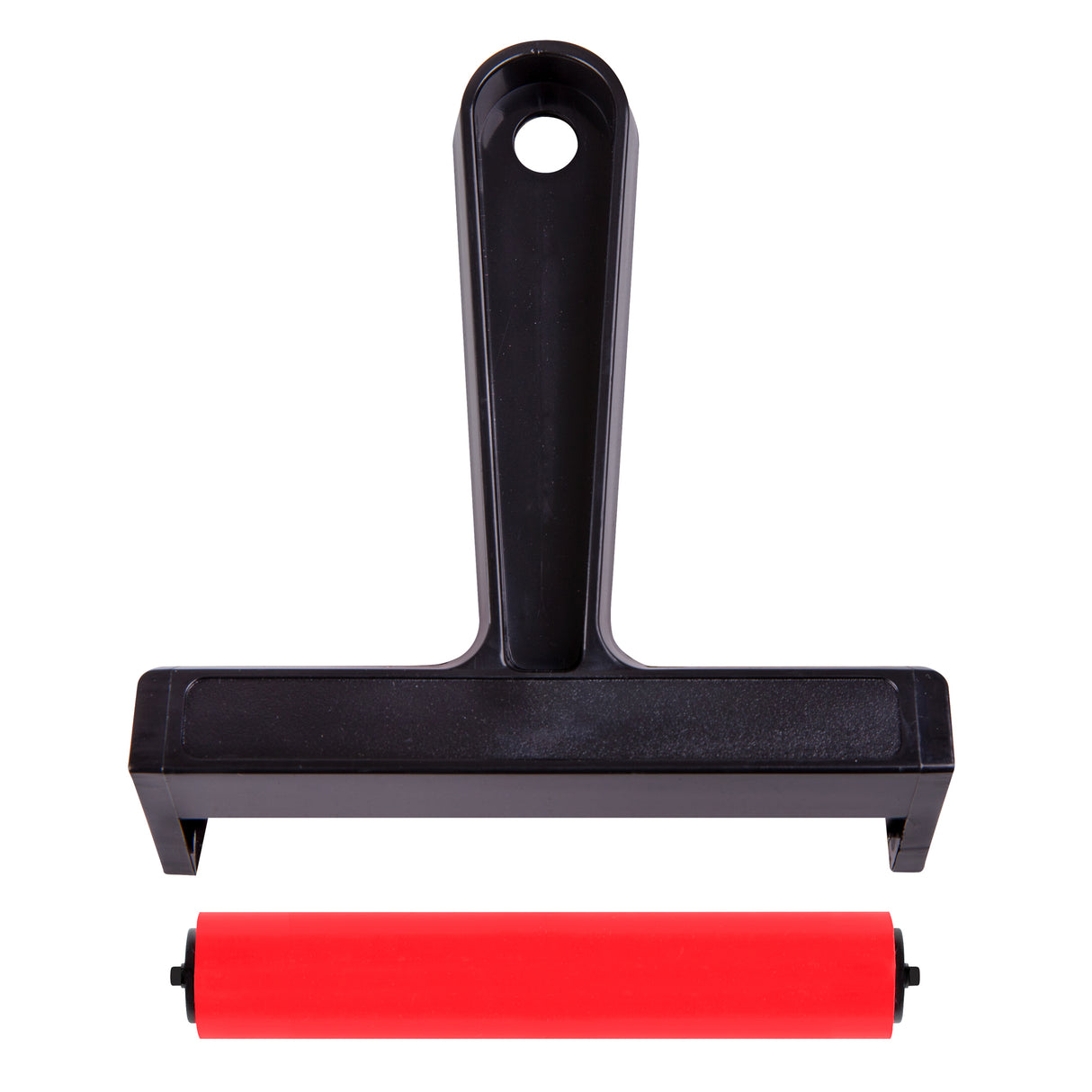 Rubber roller separated into two parts: black plastic handle and frame positioned above, with the red rubber roller cylinder removed below. The detachable design highlights easy maintenance and thorough cleaning between printmaking or painting sessions.