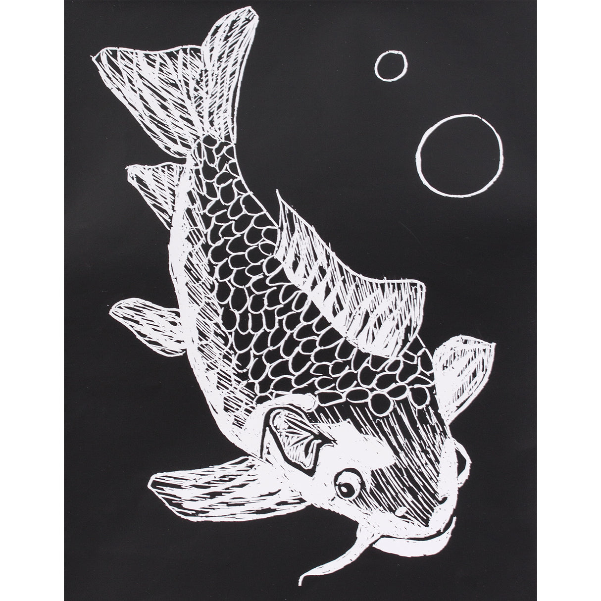 A scratch art illustration of a koi fish rendered in white line work against a solid black background. The fish is shown mid-turn with detailed scale patterns, flowing fins, and cross-hatched shading, accompanied by two simple circular bubble outlines nearby.