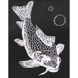 A scratch art illustration of a koi fish rendered in white line work against a solid black background. The fish is shown mid-turn with detailed scale patterns, flowing fins, and cross-hatched shading, accompanied by two simple circular bubble outlines nearby.