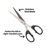 Stainless steel scissors with black handles shown open. Annotation text reads “Stainless Steel Blade” pointing to the blade and “Perfect for left or right-handed users” pointing to the handles.