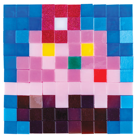 A picture built entirely from square Zart Deco tiles, forming a soft pink face on a bright blue tiled background. Glittery pink and red tiles arch across the top, with yellow, green and red single tiles as accents and deep purple and brown rows along the base.
