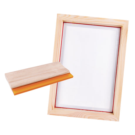 A single wooden screen printing frame with visible pale wood grain and taut white mesh is paired with a matching squeegee. The squeegee features a smooth timber handle and a flat orange rubber blade, both shown against a clean, neutral background.