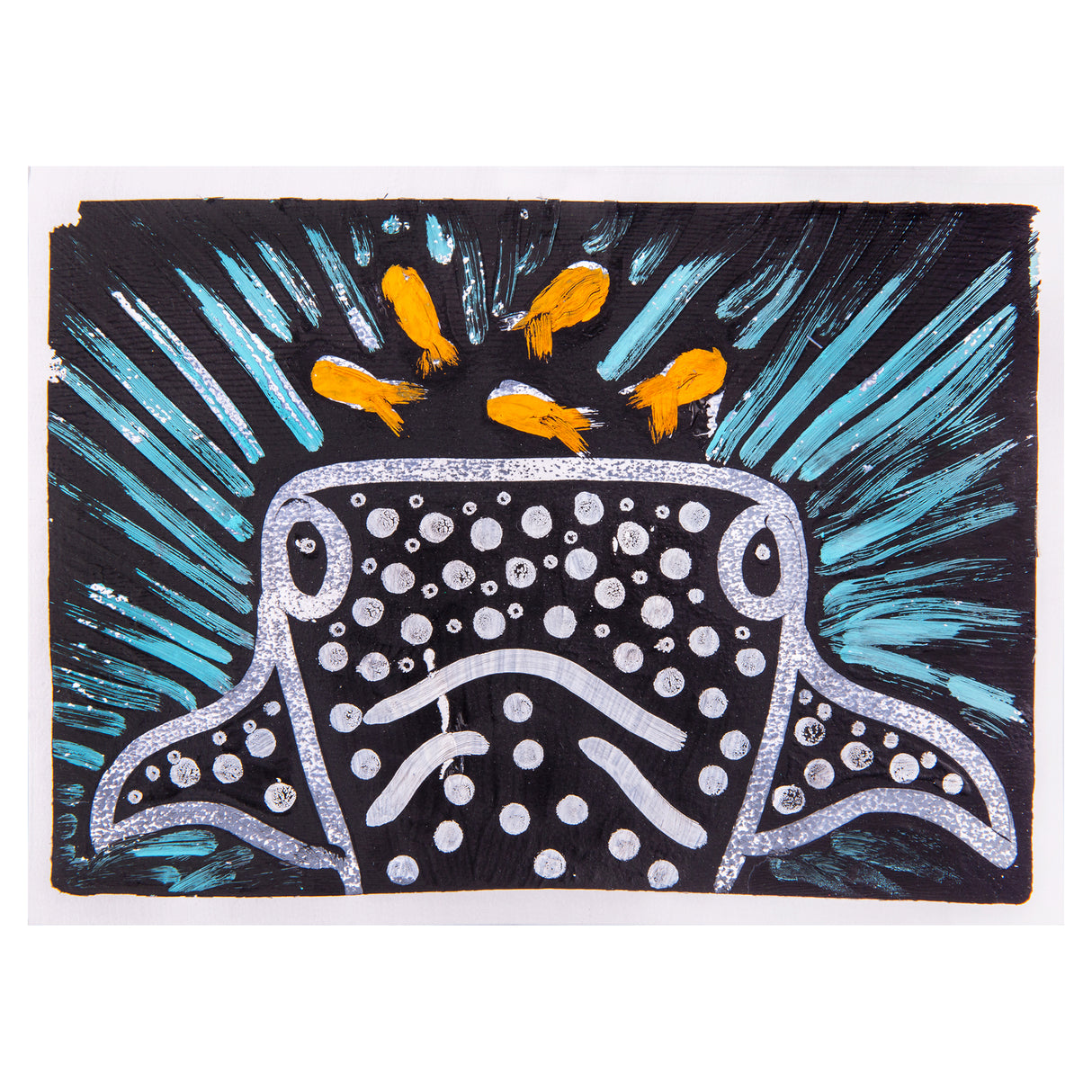 Monoprint of a whale shark viewed head-on, created using a Gel Print Plate by Zart. The form is built with white dotted markings over a dark body, surrounded by energetic turquoise strokes and small orange accents, producing a high-contrast, textured composition on white paper.