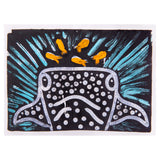 Monoprint of a whale shark viewed head-on, created using a Gel Print Plate by Zart. The form is built with white dotted markings over a dark body, surrounded by energetic turquoise strokes and small orange accents, producing a high-contrast, textured composition on white paper.