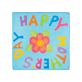 A decorated Ceramic Bisque Tile 15.24cm (6") painted with a pale blue background and the words "Happy Mother's Day" arranged around the border in bright multicoloured lettering. A pink and orange flower with green leaves sits in the centre, showing the tile's suitability for painted designs.