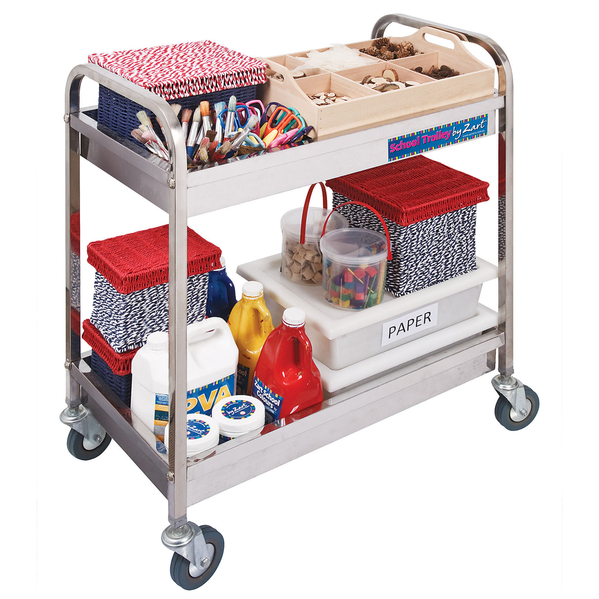 School Trolley by Zart fully stocked with art materials, baskets, brushes, paint bottles and storage tubs. Two-tier stainless steel trolley on castors, shown in use with classroom supplies neatly organised.