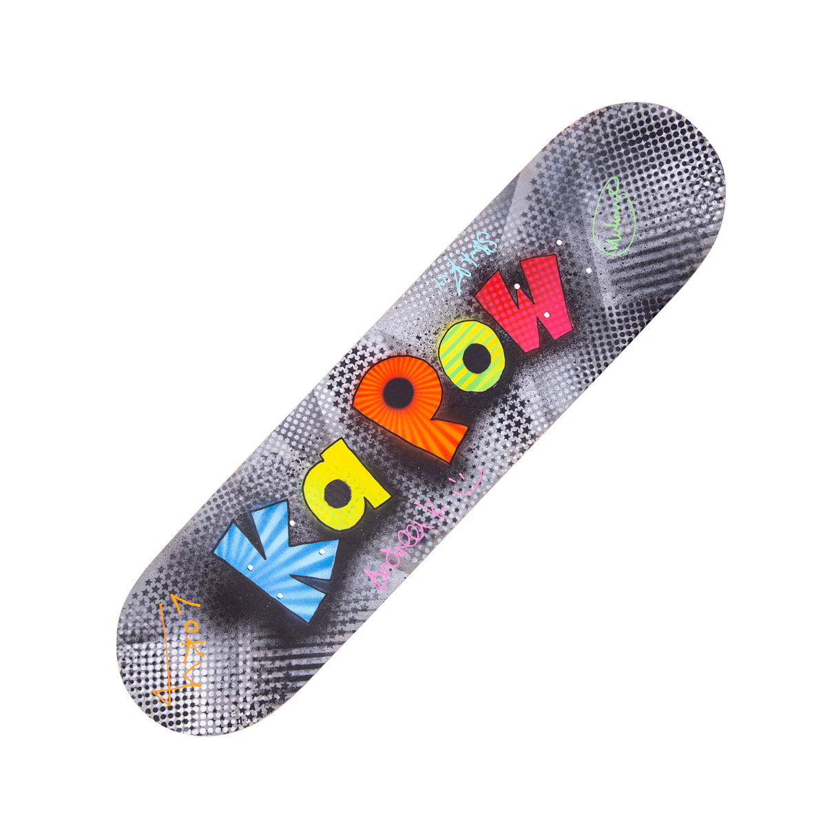 Decorated skateboard deck featuring bold graffiti-style lettering and patterns in bright colours on a dark textured background, photographed on a white background.