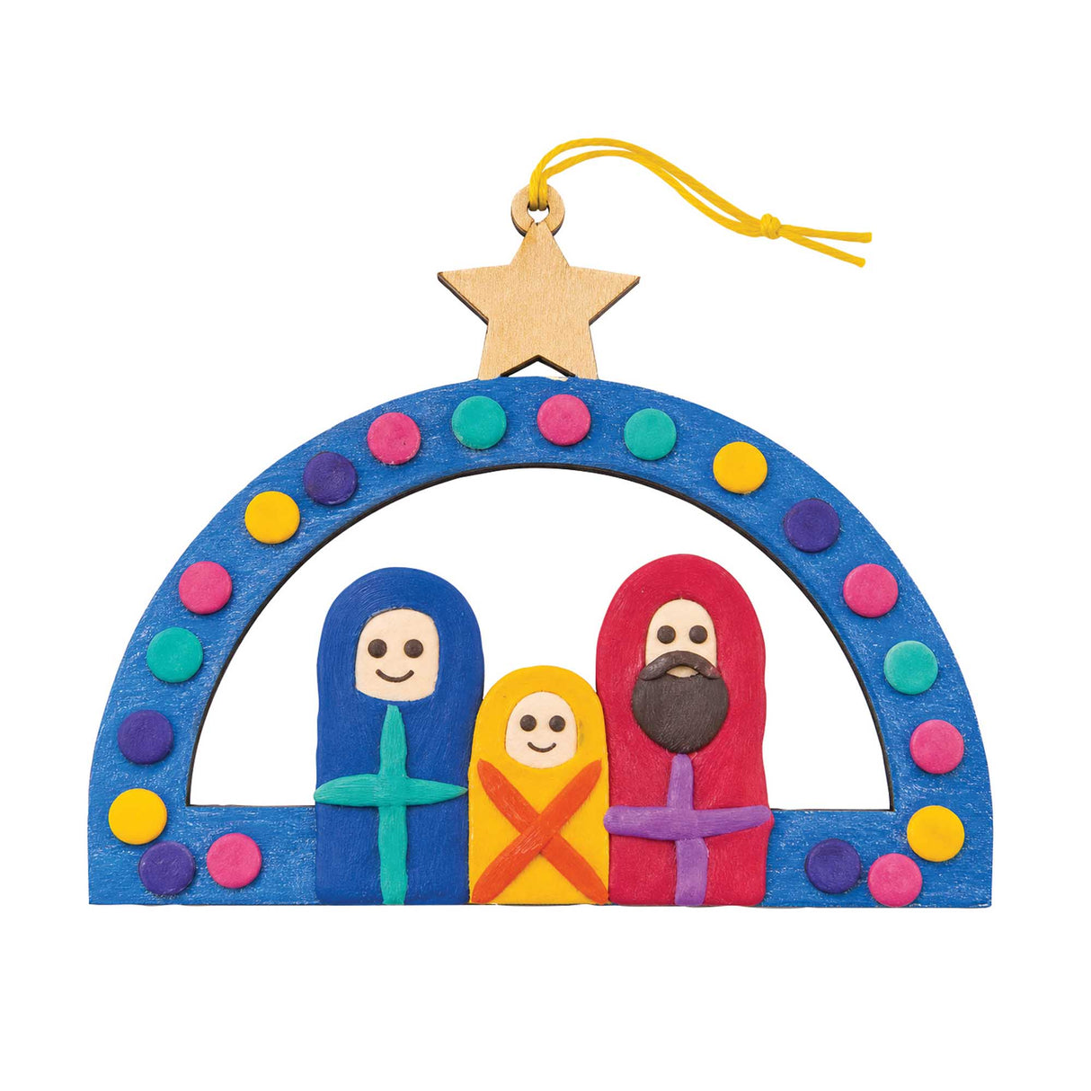 A Zart Wooden Nativity Hanger decorated as a sample artwork, with a blue arched stable dotted in pink, yellow, teal and purple, a wood star above on yellow cord, and Holy Family figures in blue, yellow and red with cross-shaped bodies, smiling faces and a dark beard on Joseph.