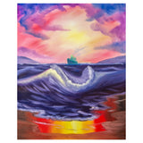 A vivid seascape painted on a Zart stretched canvas, showing a curling blue-purple wave beneath a sunset sky streaked with pink, orange, purple and yellow. A small green ship sits on the horizon, with bands of red, yellow and brown along the lower edge.