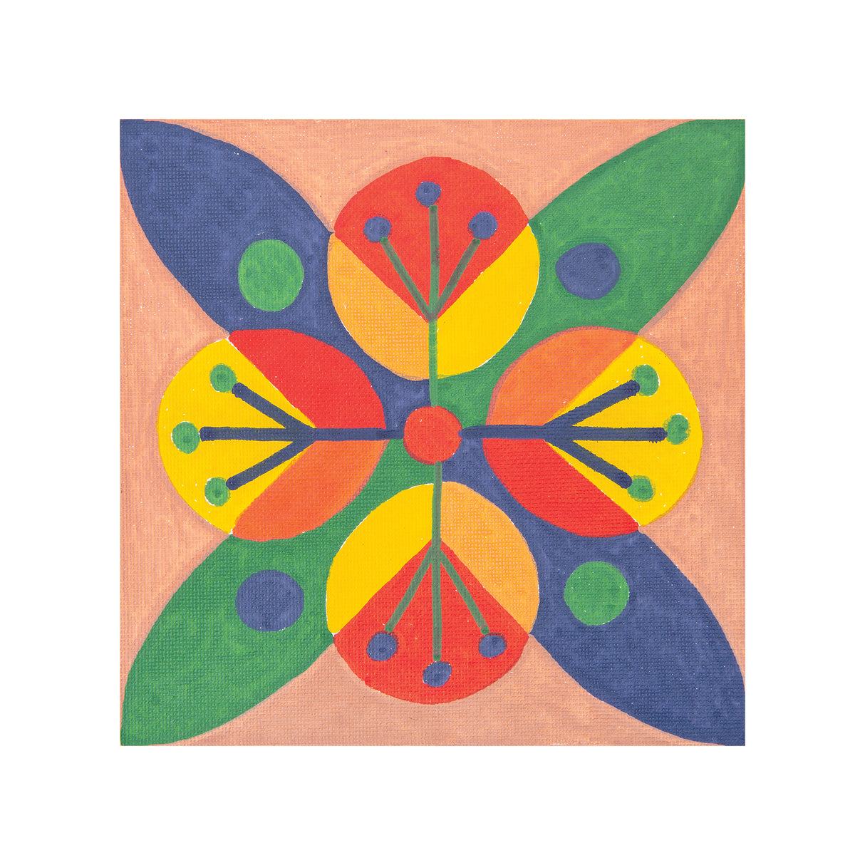 A sample artwork on a Zart Canvas Square Magnetic Board, painted as a symmetrical mandala-style design on a peach background. Blue, green, orange, yellow, and red botanical shapes radiate from a central red dot, with dotted accents, demonstrating a colourful painted technique on the canvas.