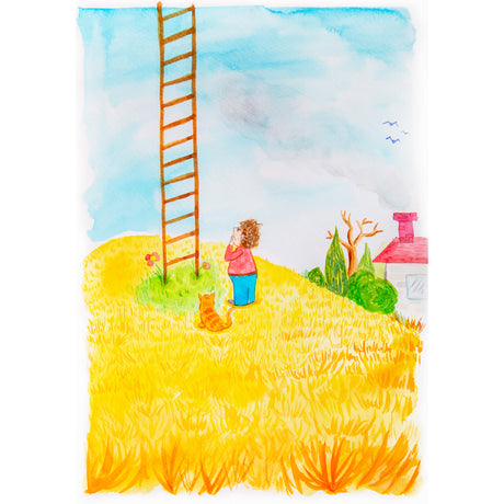 Watercolour illustration of a grassy yellow field beneath a soft blue sky, featuring a tall brown ladder rising upward. A small figure with curly hair and a red top stands beside an orange cat, with a house and trees painted in loose, textured brushstrokes