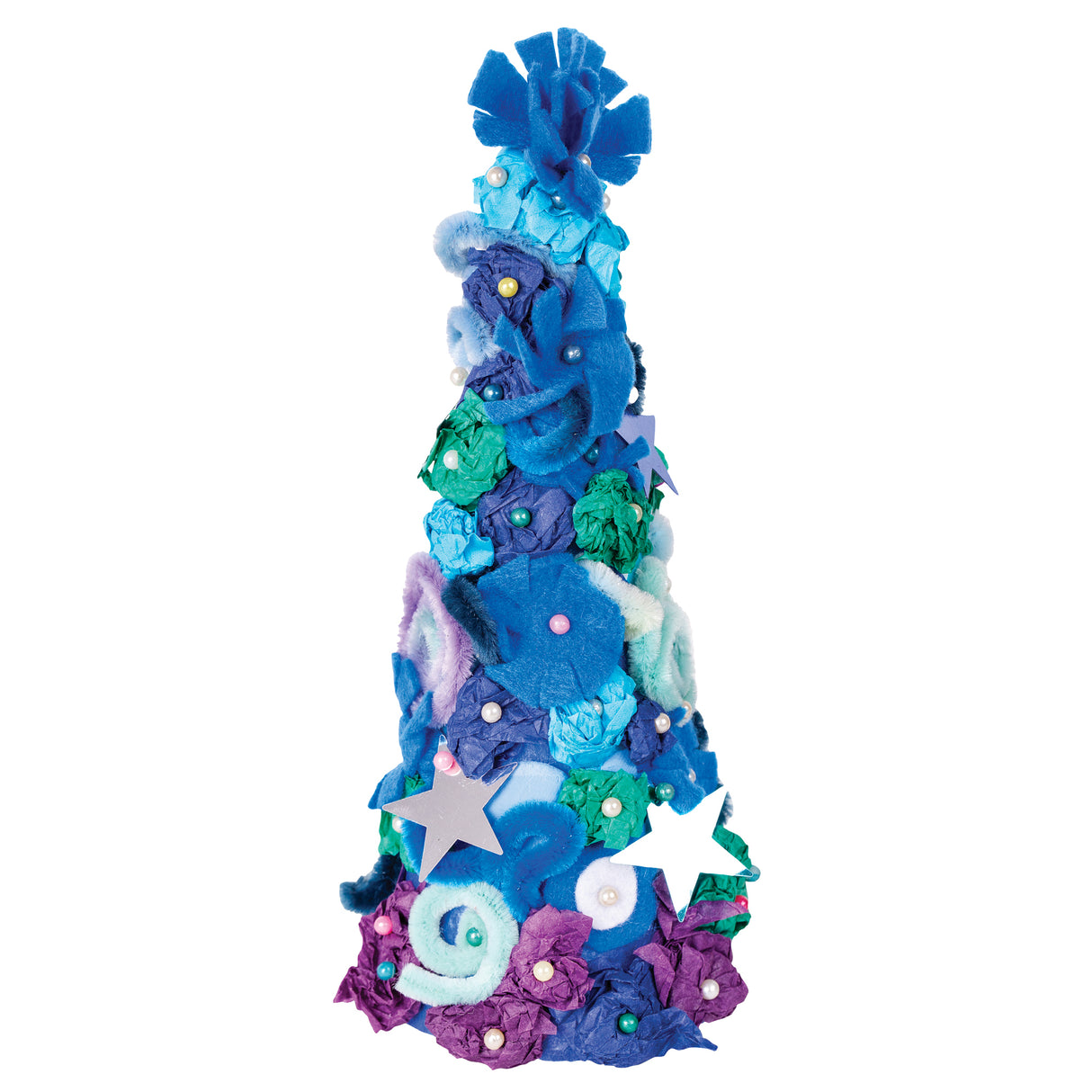 A tapered cone sample made using Zart Poly Cones, covered in layered blue, teal and purple tissue paper rosettes with pearl accents and silver star cut-outs. A crepe paper pom sits at the peak, with the cone's surface fully transformed by textured, colourful embellishments.
